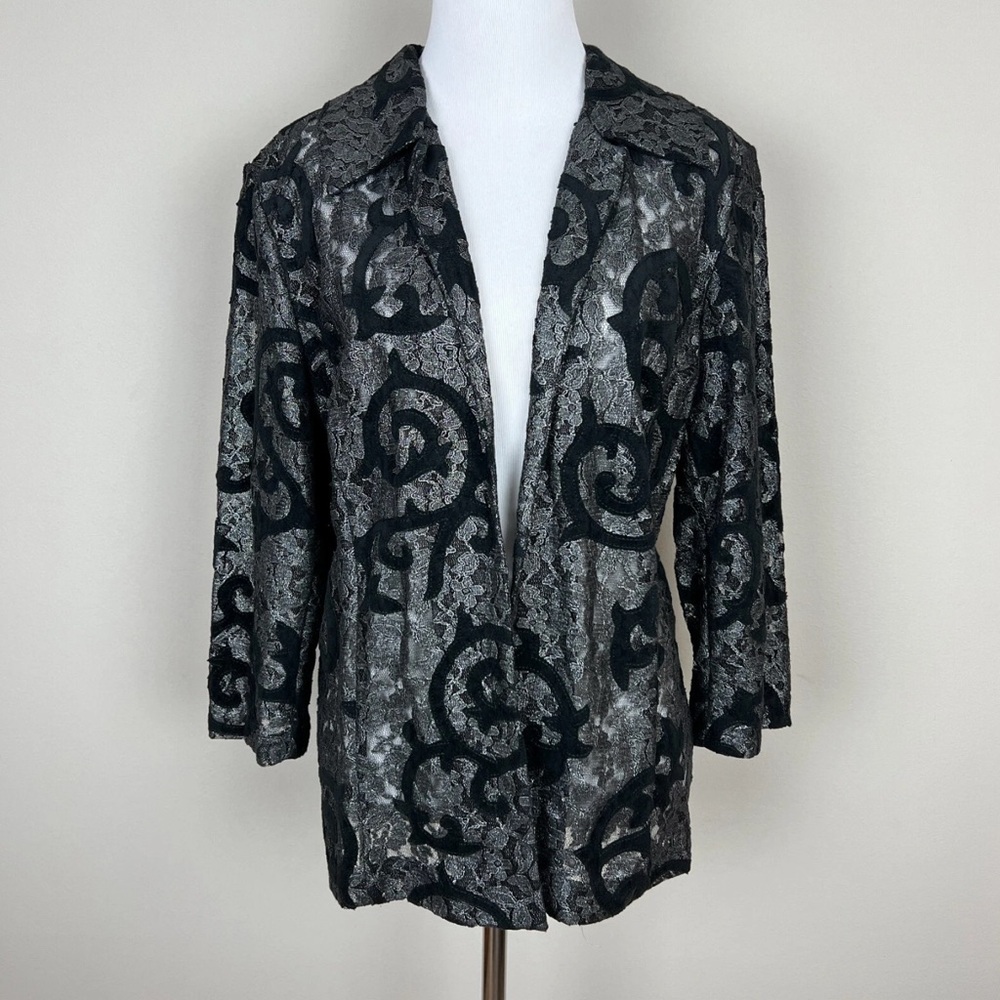 Chicos 3 Blazer Jacket Women XL Black Floral Lace Open Front 3/4 Sleeve Sheer